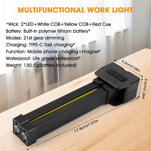OKNIAO Magnetic Gym Lamp for Posing, Portable Magnet LED Flashlight with Hanging Hook, 7th Gear Dimming & 180 Degree Folding, Handheld USB Rechargeable Power Bank Camping Light (1 PCS)