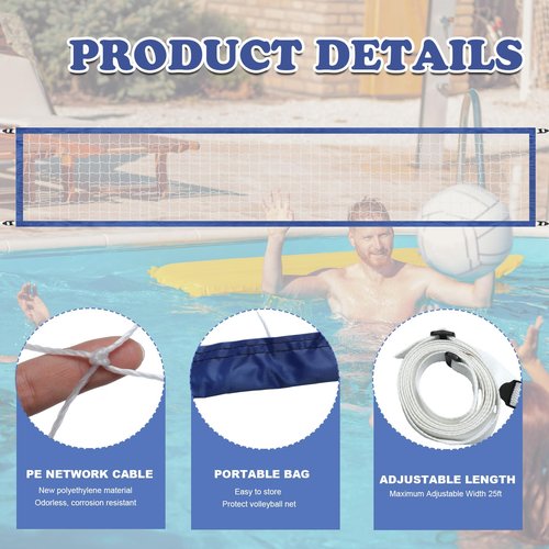 ShinyRelief Pool Volleyball Net Replacement Adjustable Length 15-25 ft Portable Volleyball Net for Outdoor Backyard Swimming Pool Beach(Blue)