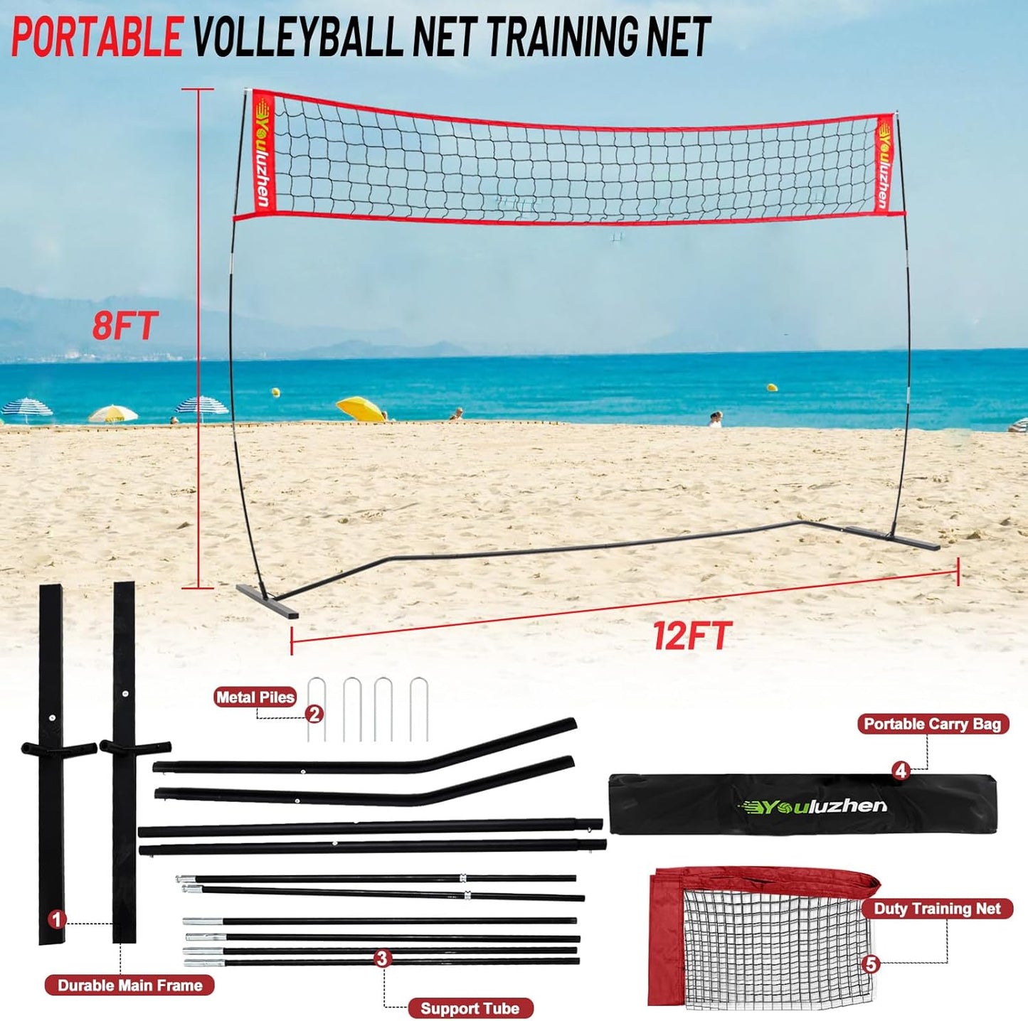 12FT Portable Volleyball Net for Backyard - Freestanding Beach Volley Ball Set Height Adjustable with Carry Bag, Outdoor/Indoor Practice Nets Training Equipment for Hitting or Serving Drills
