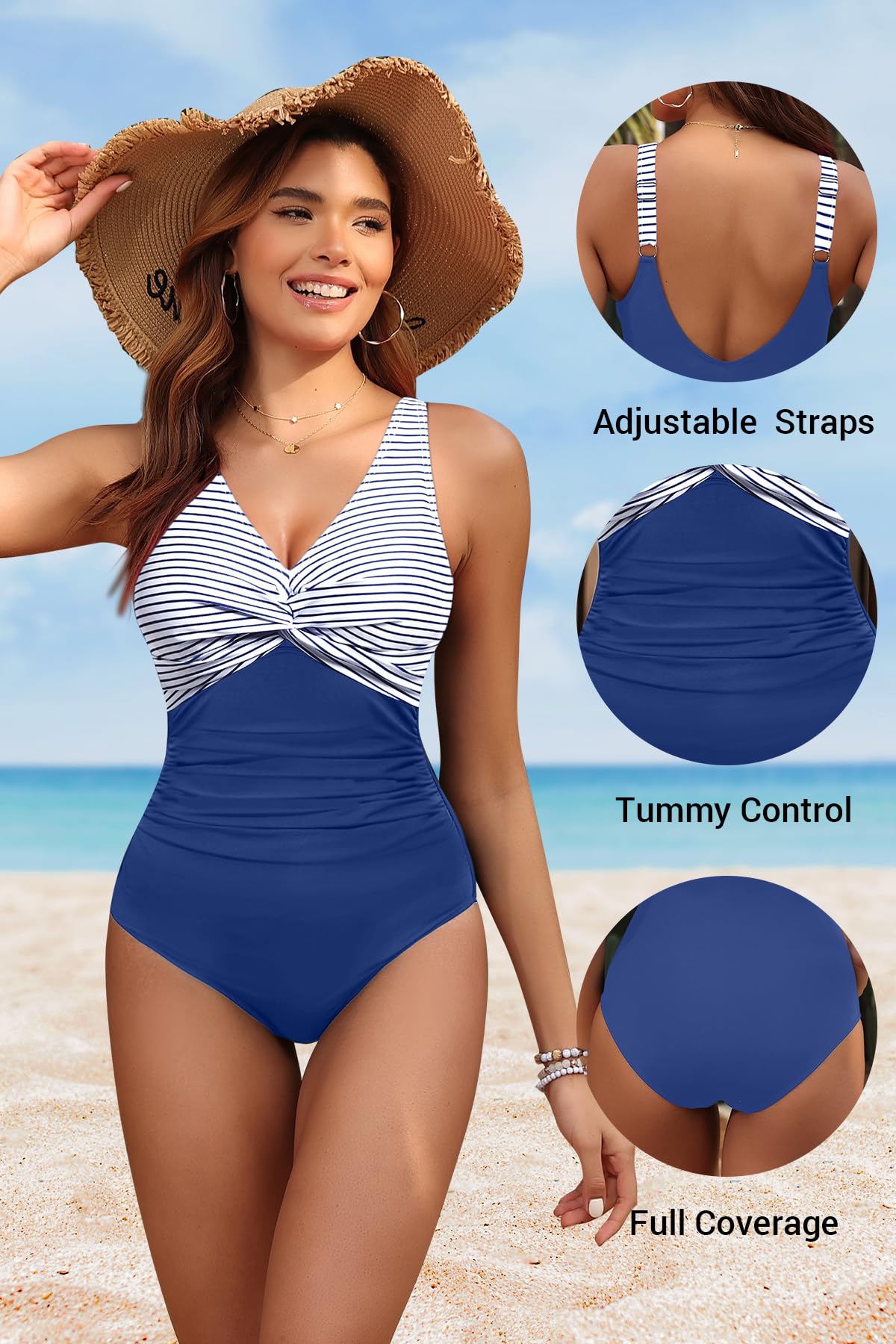 Holipick Blue Striped Women Tummy Control One Piece Swimsuit - Push Up Bathing Suit Full Coverage Slimming Swimwear L