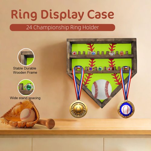 Baseball Championship Ring Display Case, Softball Football Basketball Ring Holder Wood, 24 Ring Posts, Sports Medal Wall Mount Display Box for Men Boy (Bright Green)