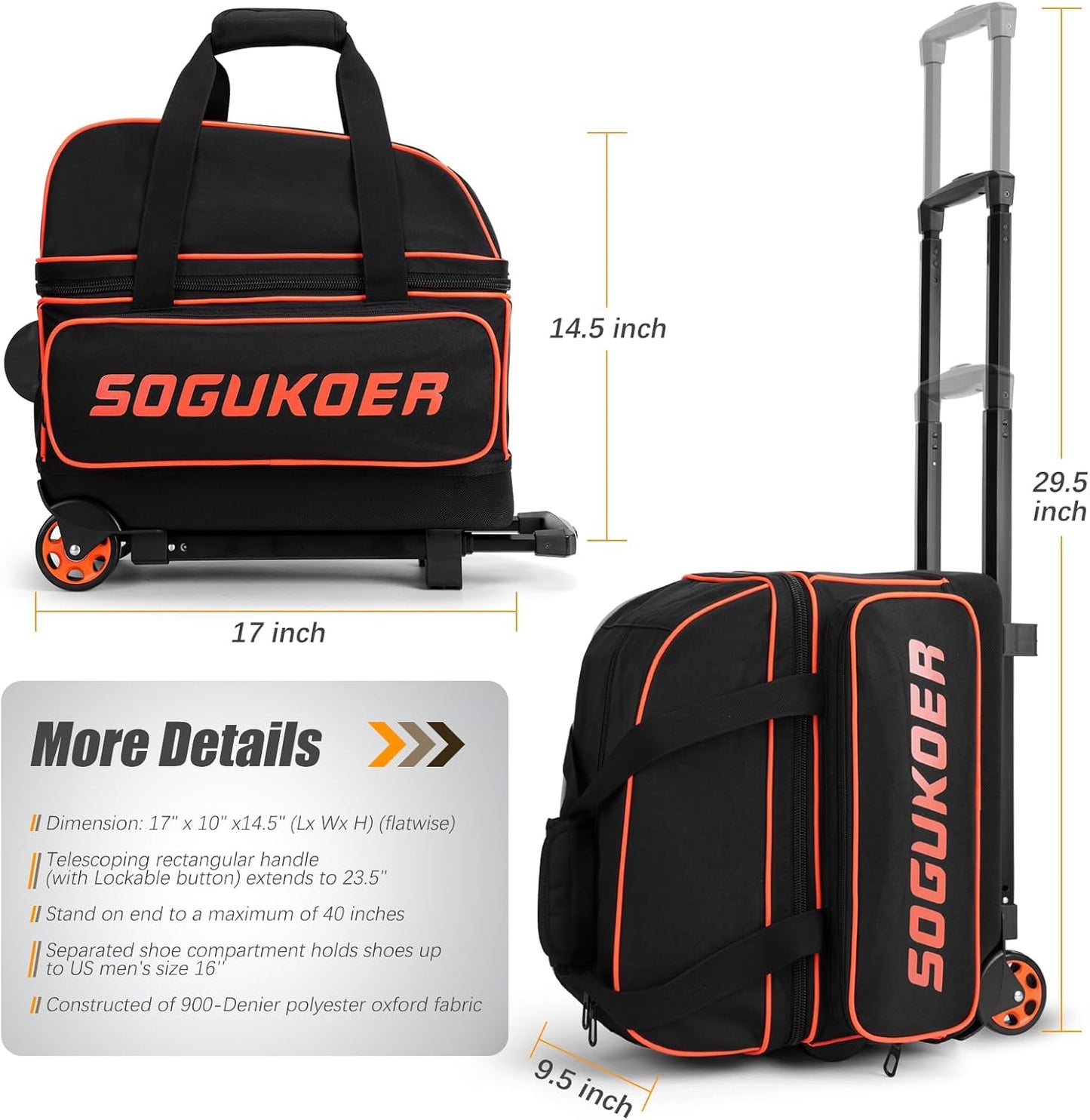 2 Bowling ball Bag with Wheels, Lightweight Trolley Double Ball Bowling bag with Large Separate Shoe Compartment and Oversized Accessory Pocket, Retractable Handle Extends To 39.5"
