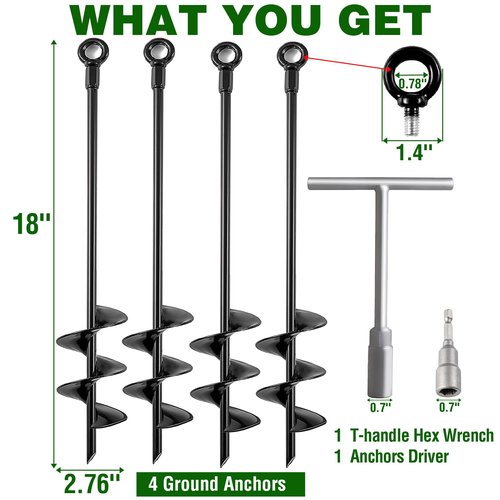 Fabulas Ground Anchors Heavy Duty, Swing Set Anchor Kit 18 Inch 4 Pack Screw in Earth Anchors Trampoline Stakes High Wind Metal Auger Anchor for Shed Tent Carports Securing Animals Camping Mobile Home