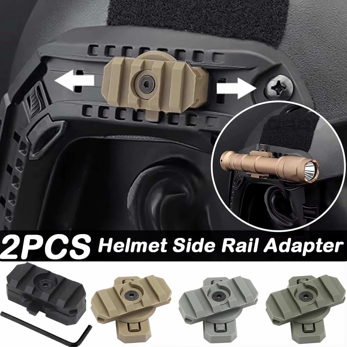 2 Pack Fast Helmet Side Rails Adapter Mount Kit 360 Degrees Rotating Tactical Rail Accessories for ARC 19mm Side Rail