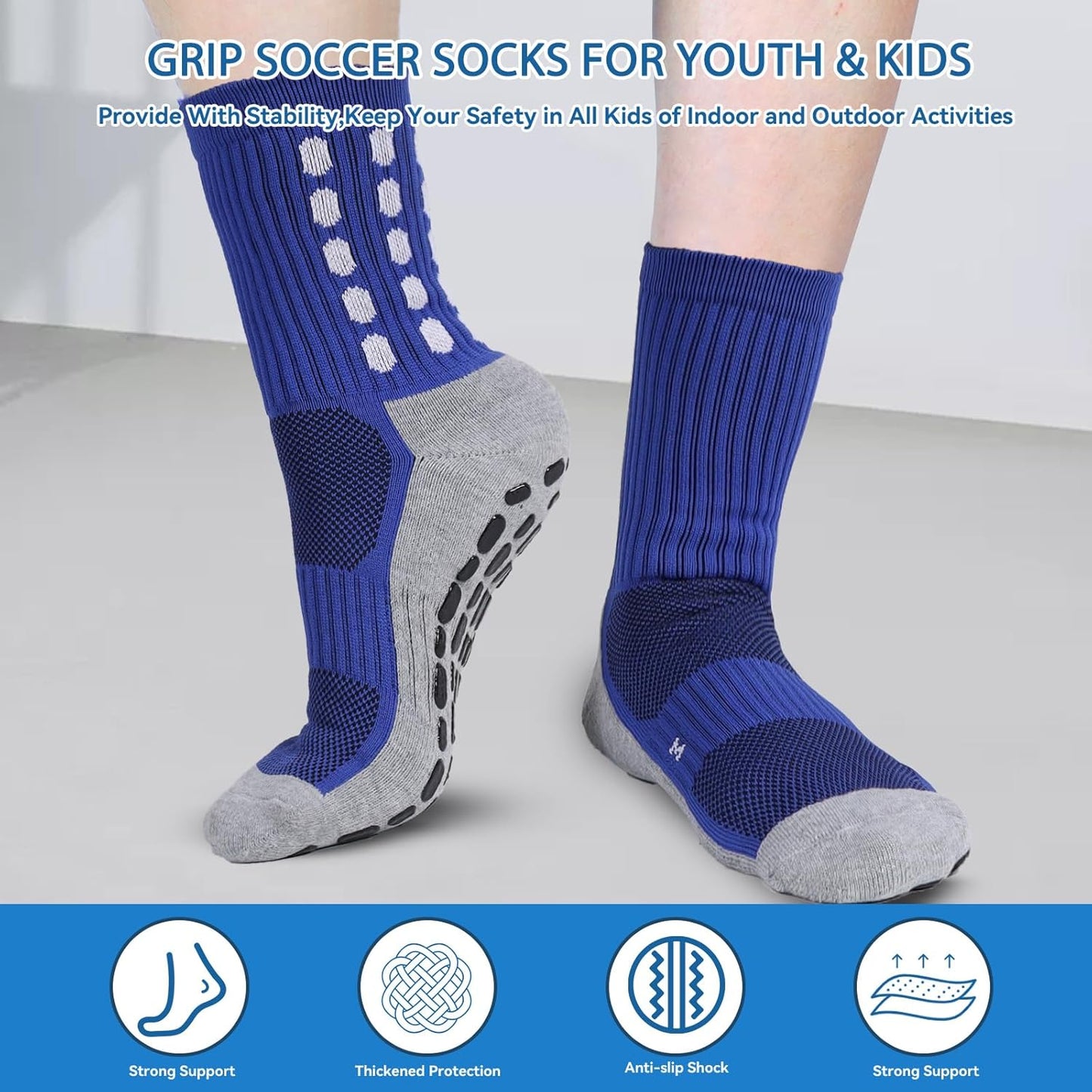 3 Pairs Kids Grip Soccer Socks Cushioned Non Slip Football Athletic Sports Socks for Boys Girls