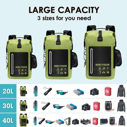 Hualonger Waterproof Backpack 20L/30L/40L- Roll Top Closure Bag - Hiking Backpack - Lightweight Durable Floating Dry Bag with IPX8 Waterproof Phone Case