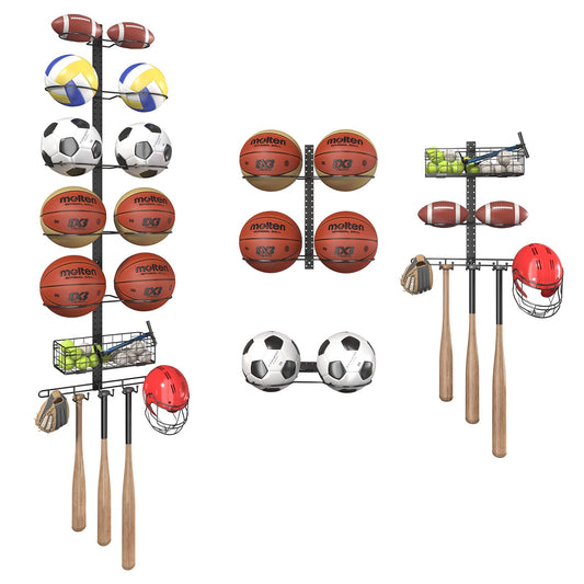 Feyejade 7 Tier Ball Holder Wall Mount:Detachable Wall Mounted Basketball Rack,10 Balls Vertical/Horizontal DIY with Hooks for Basketball Soccer Ball Volleyball Baseball Storage Display