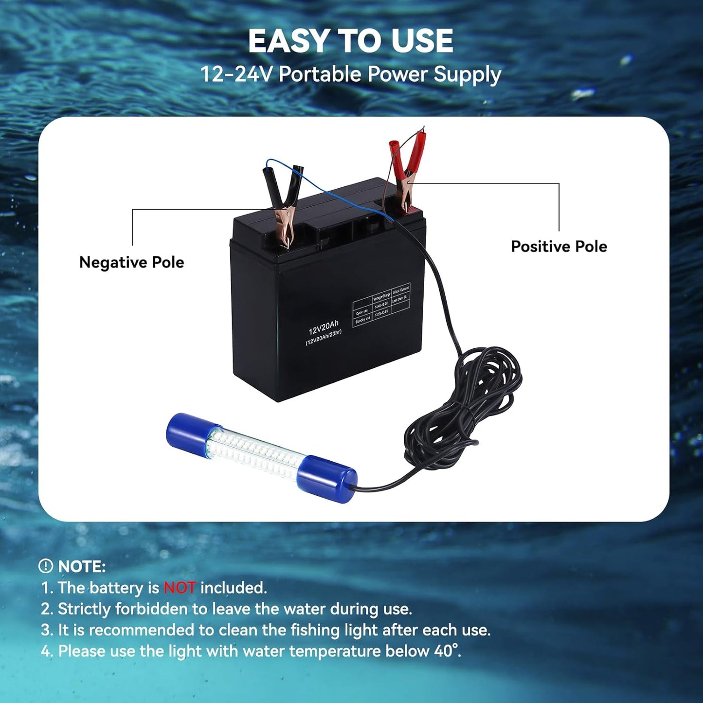18W Underwater Fishing Light, IP68 Waterproof DC 12-24V LED Fish Bait Light Submersible Finder Attractants Lamp for Crappie Shrimp Squid Catfish + Battery Clamps, 16.4ft Cable Green/Blue/White Light