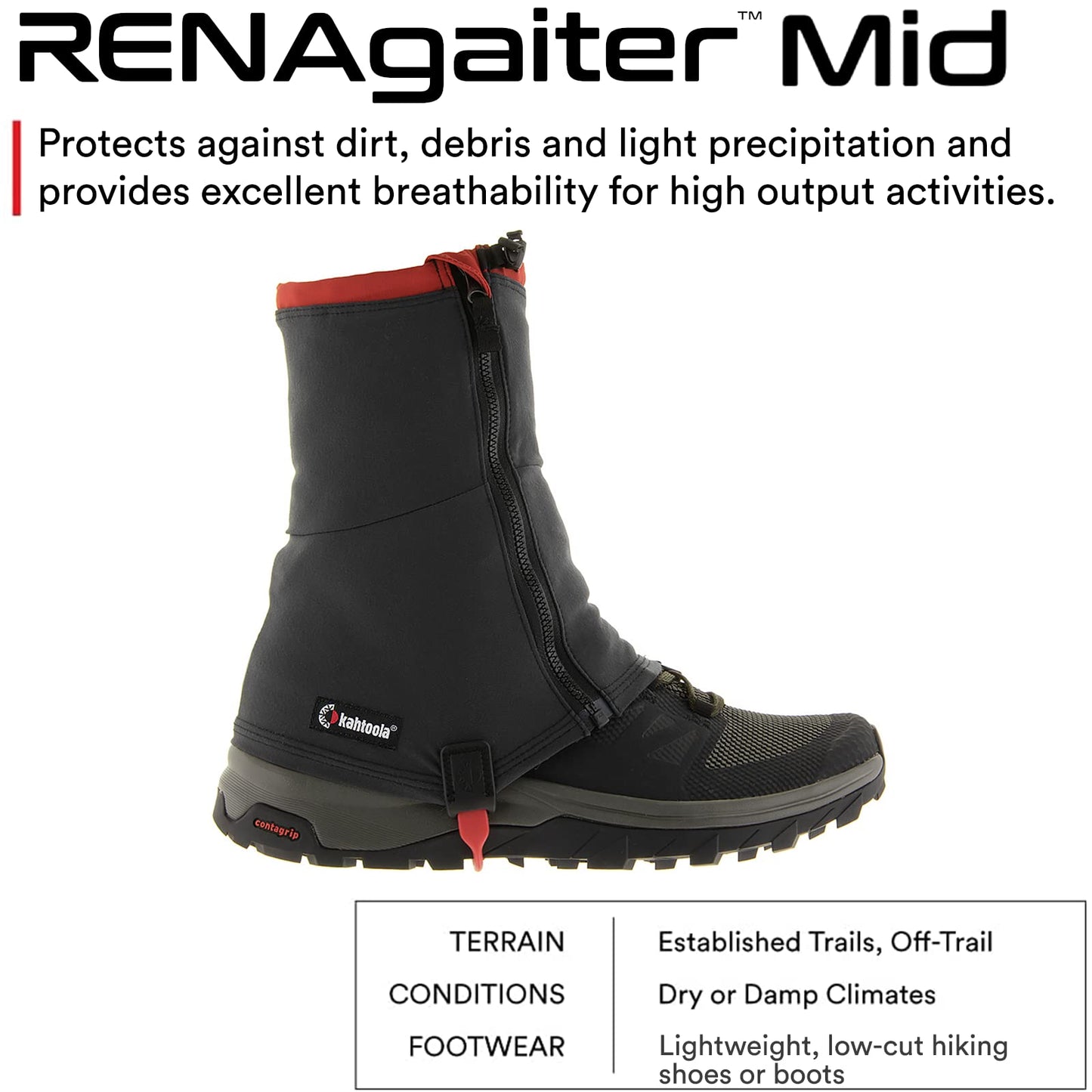 Kahtoola RENAgaiter Mid Gaiters for Hiking, Mountaineering, Trail Running, Shoe & Boot Protection in Mud, Snow & Ice - Graphite - Large|X-Large