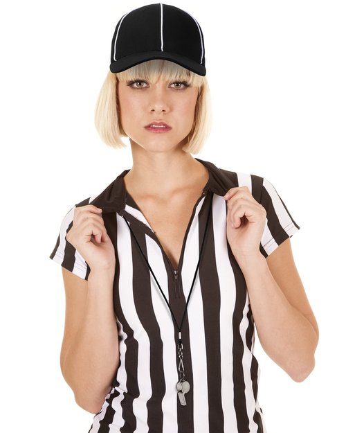 Geyoga 4 Pcs Men's Official Referee Costume Set Black and White Stripe Zipper Collar Referee Shirt Hat Stainless Whistle with Lanyard Yellow Penalty Flag for Halloween(X-Large)