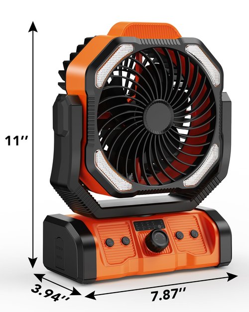 CAMPERFECT Camping Fan Rechargeable, 20000mAh Battery Powered Portable Fan with LED Light & Hanging Hook, 4 Speeds Quiet Outdoor Fans for Tent, Travel, Emergency, BBQ, and Home Use (Orange)