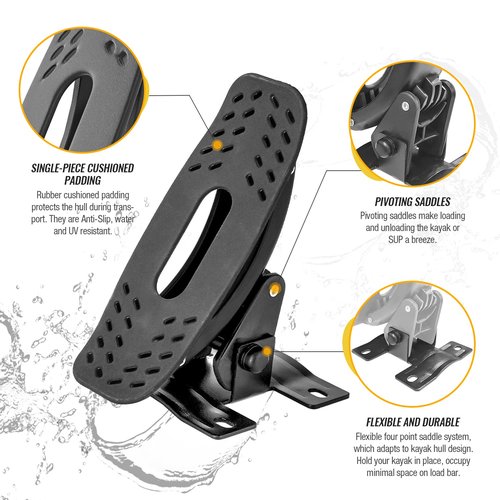 AA-Racks Steel Jetty Saddle Rack for Kayak Carrier Canoe Boat Paddle Board Surfboard Roof Top Mount on Car SUV Truck Crossbar with Ratchet Lashing Straps