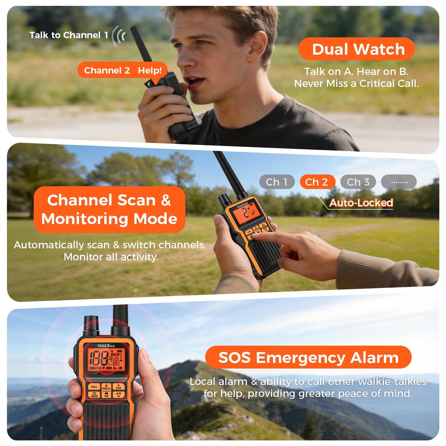 Midd Kacy Walkie Talkies Long Range, 60 Channel GMRS Portable Hunting Waterproof 2 Way Radio with 121 Privacy Codes, SOS, NOAA Weather Alerts, VOXChannel Scanning, 2 Pack (Black/Orange)