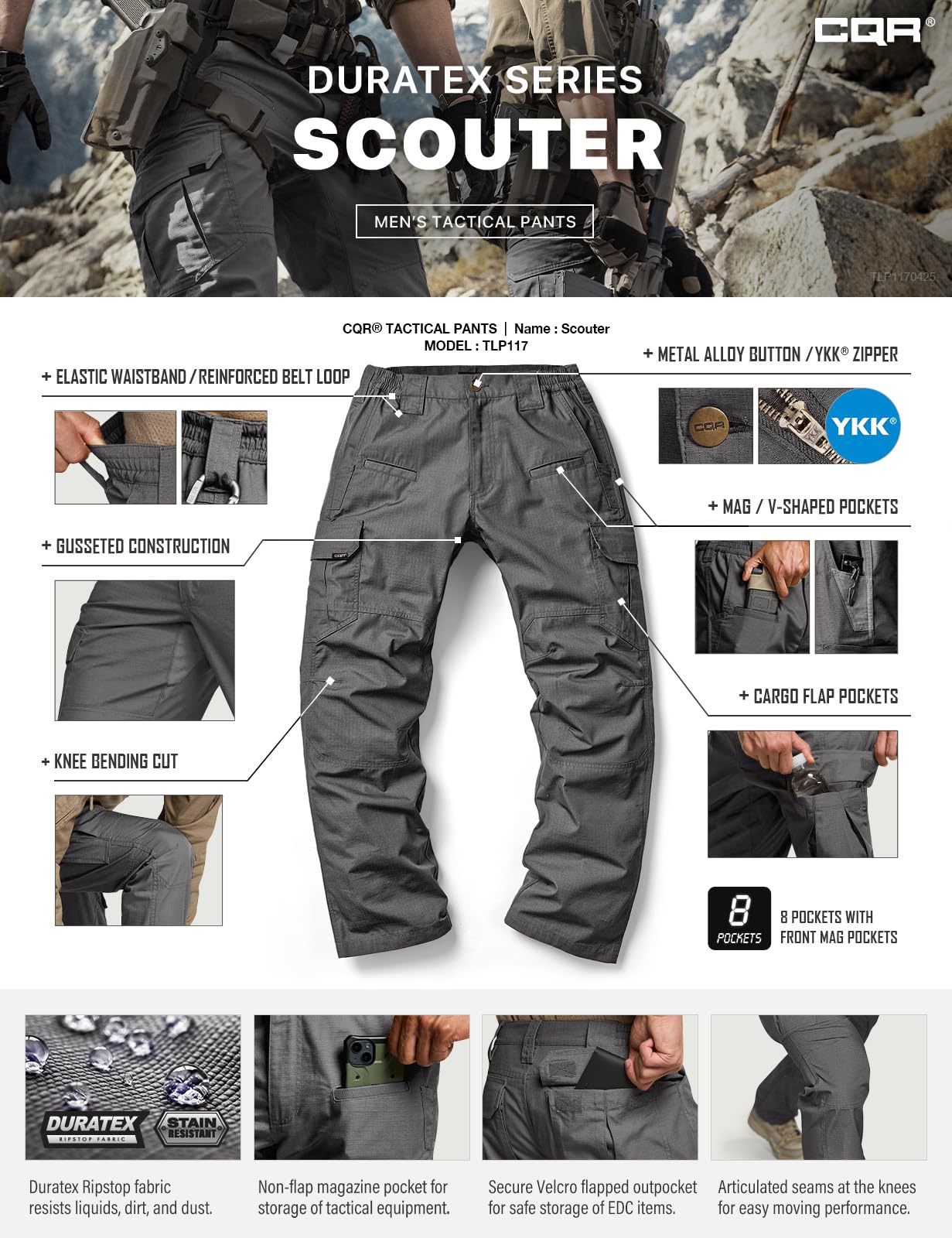CQR Men's Tactical Pants, Water Resistant Ripstop Cargo Pants, Lightweight EDC Work Hiking Pants, Outdoor Apparel, Raider Charcoal, 30W x 30L