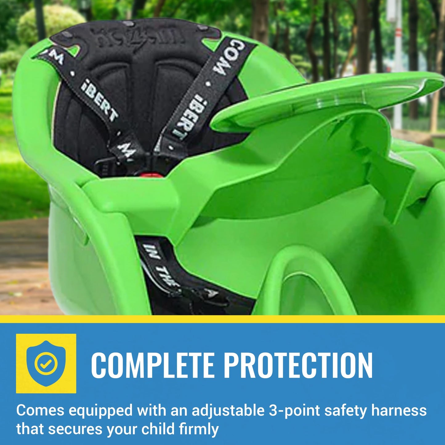 iBert Front Mounted Child Seat - Green - Comfortable Child’s Bike Seat for Sunny and Rainy Days - Baby’s Bike Seat with a Secure Harness and Height Adjustable Foot Cups for Family Biking Adventures.