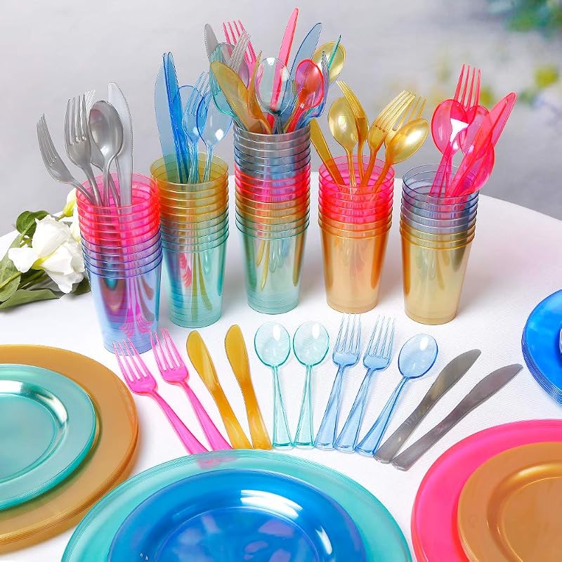 Blue Party Dinnerware Set 25 Plates, 25 Salad Plates, 25 Forks, Knives, Spoons & 150 Cups – Disposable Plastic