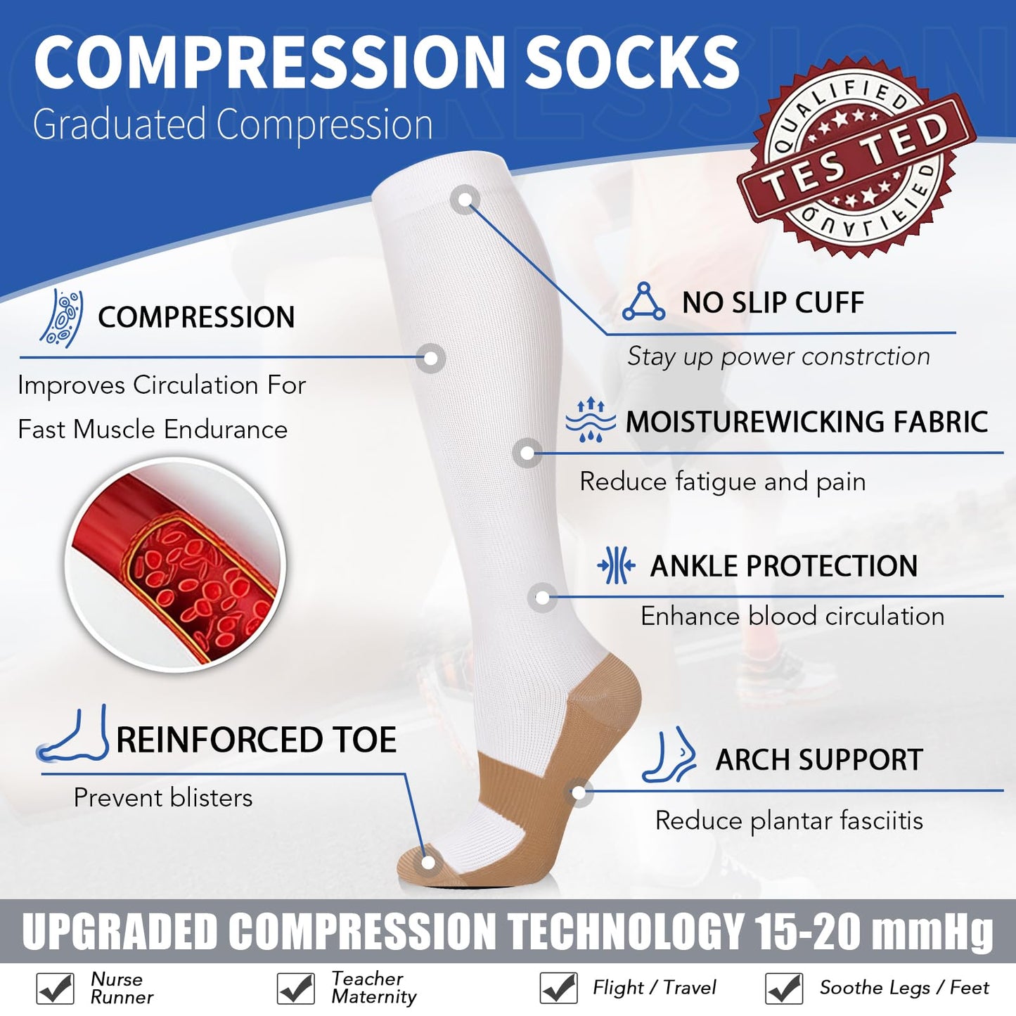 Sooverki Graduated Copper Compression Socks for Men & Women Circulation 8 Pairs 15-20mmHg - Best for Running Athletic Cycling
