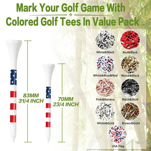 FINGER TEN Golf Tees Wood 3 1/4 2 3/4 Inch Wooden Bamboo 50/120 Count, Durable Biodegradable Colored Bulk Tee 70mm 83mm (USA Flag, 2 3/4 Inch(50 Pack))
