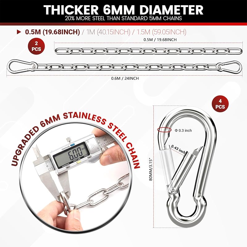 25" Hanging Swing Chain, 6mm 304 Stainless Steel, 1000 lb Capacity - Silver + 2 Pack