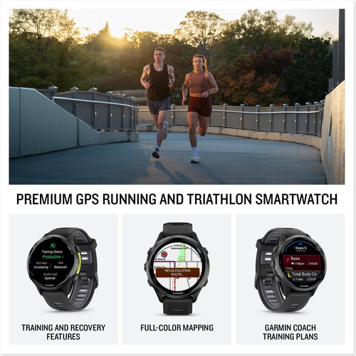 Garmin Forerunner 970 Running Smartwatch, GPS Fitness Smart Watch for Men and Women, Carbon Gray DLC Titanium with Black Case and Black/Translucent Whitestone Band Bundle with P-Bank + More