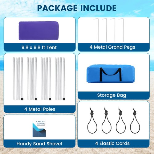 Beach Tent Sun Shelter - 10 x 10 Ft Beach Canopy UPF50+ UV Protection with Sandbags, Poles, Grond Pegs and Anti-Wind Ropes for Camping, Fishing, Backyard and Picnics