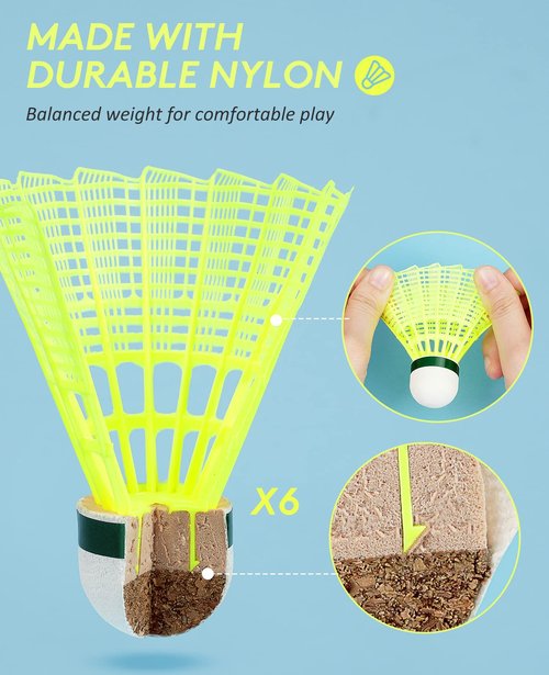 AboveGenius Badminton Rackets Set with 6 Shuttlecocks, Lightweight Badminton Set of 6 for Outdoor Backyard Games, Racquets with Durability for Beginners and Casual Players