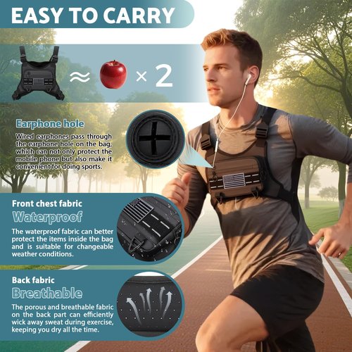 Muserise Sports Chest Bag For Men, Water Resistant Lightweight Front Running Vest Bag With Built-In Phone Holder & Extra Storage For Workouts, Cycling (Black)