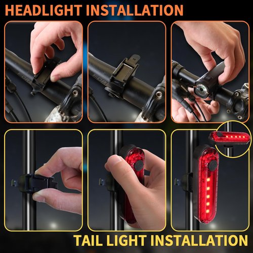 KunHe 2 Pack 227Lumens 1600mAh Bike Light Set Rechargeable Front & Rear Bicycle Lights with IPX4 Waterproof 4 Modes for Night Cycling