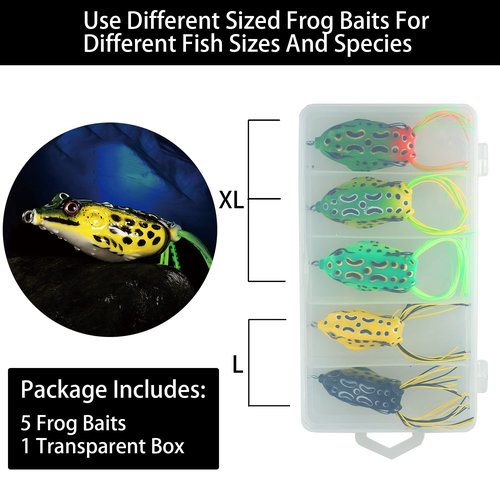 5Pcs Topwater Frog Lures Sets with Bait Box, Frog Lure Ray Frog Topwater Fishing Crankbait Lures, Frog Artificial Soft Bait for Bass Snakehead, Weedless Freshwater Soft Simulated Frog Bait