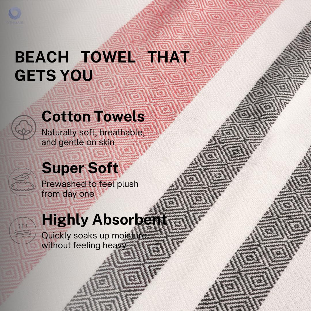 9Threads Cotton Turkish Beach Towel with Towels Oversized 36"x72" Pool Absorbent Extra Large Quick Dry Sand Travel Towel (Brick Noir, 4 Pack)