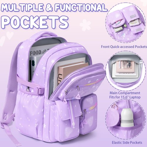 Fimibuke Backpack for Girls, 3 PCS Waterproof Kids Backpack with Lunch Box & Pencil Case Set, Cute Travel Bookbag School Bag for Kindergarten Elementary Middle High School Student Toddler Kids Teens