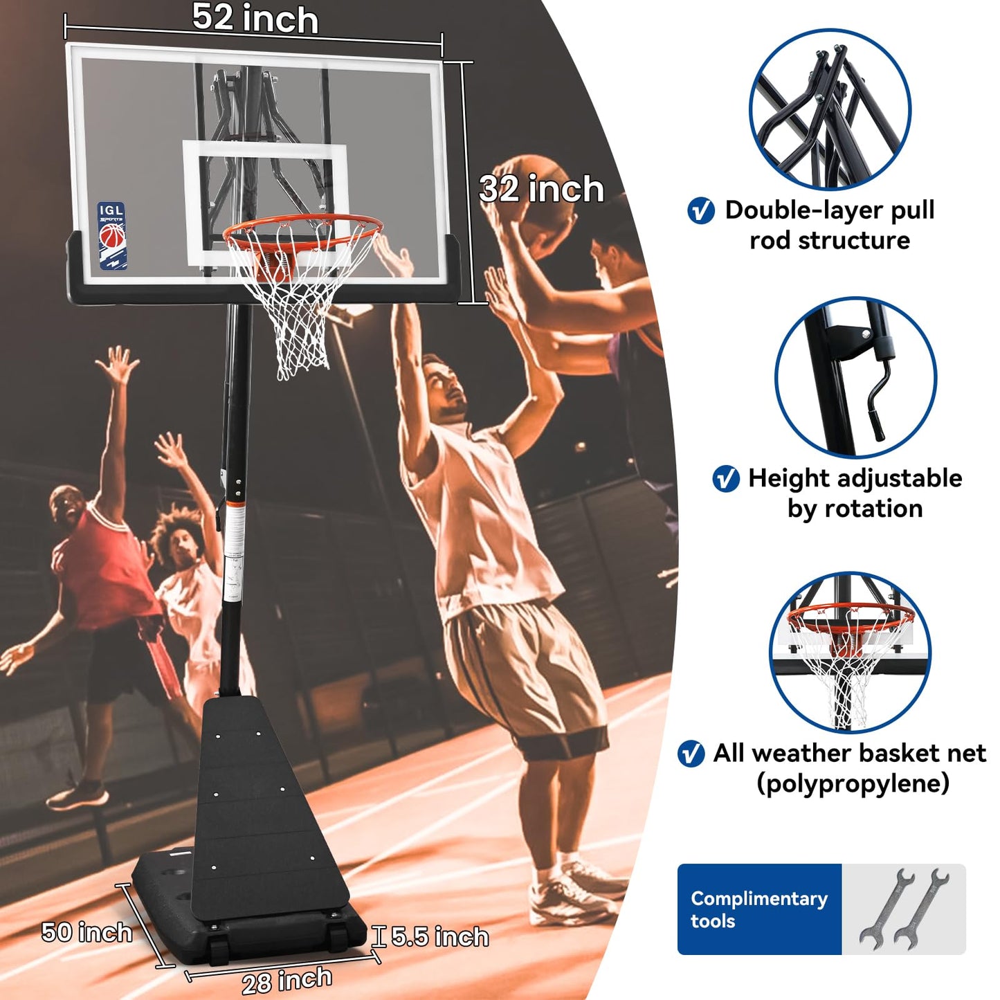 IGL Basketball Hoop Outdoor with 52 Inch Shatterproof Backboard, 10FT Height Portable Basketball Hoop Outdoor, Adjustable Basketball Goal System (Black)