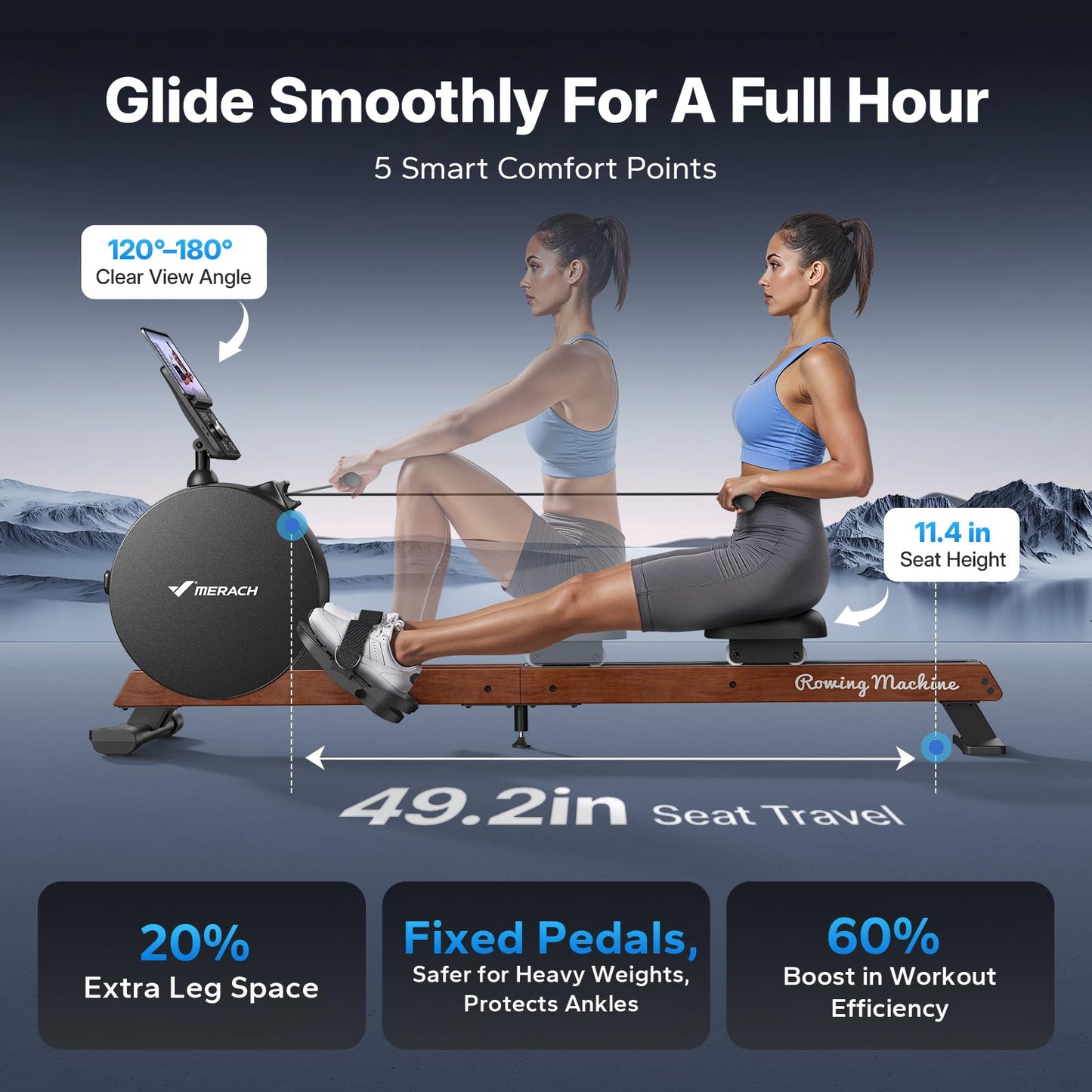 MERACH Pro-Grade Rowing Machines for Home, Smart Magnetic Rowing Machine with Self-Generation, Double Resistance and 400 LBS MAX Load, Wooden Tracks for Silent Sliding