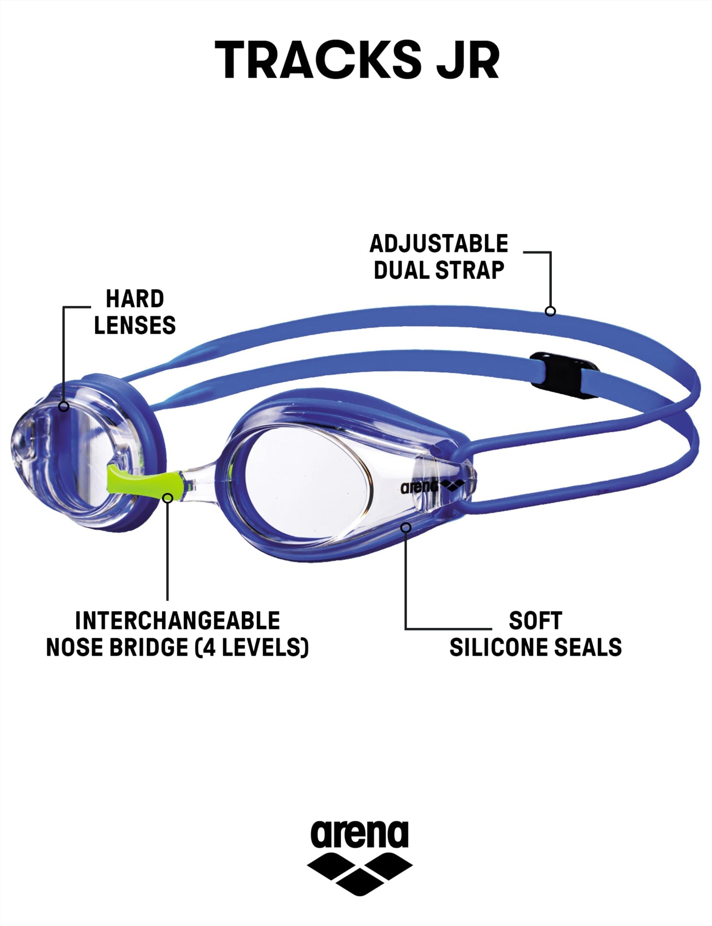 ARENA Tracks Unisex Junior Youth Essential Racing Swim Goggles Kids Swimmers Young Racers Anti-Fog Coated Non-Mirror Lens, Clear/Blue