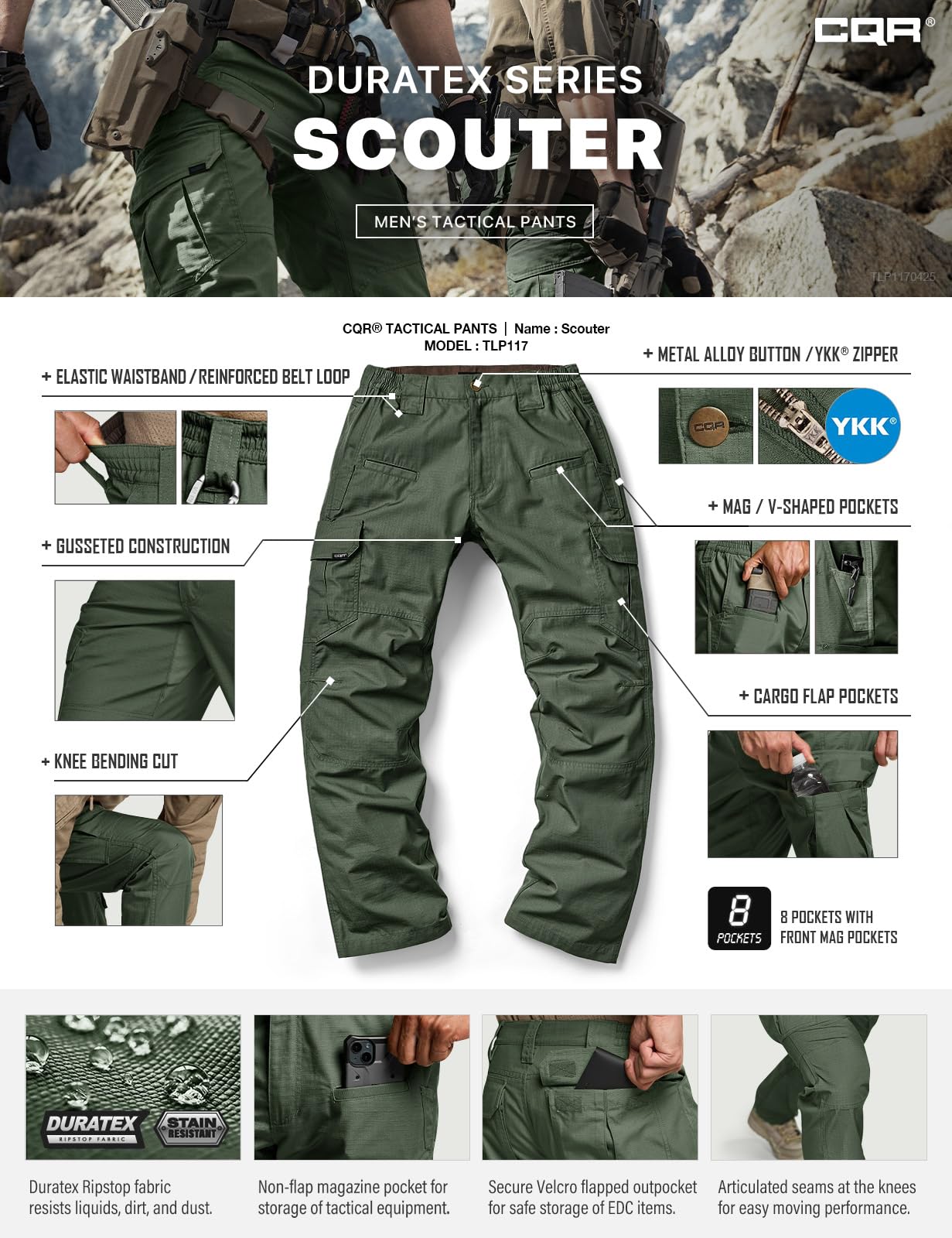 CQR Men's Tactical Pants, Water Resistant Ripstop Cargo Pants, Lightweight EDC Work Hiking Pants, Outdoor Apparel, Raider Green Kelp, 46W x 30L