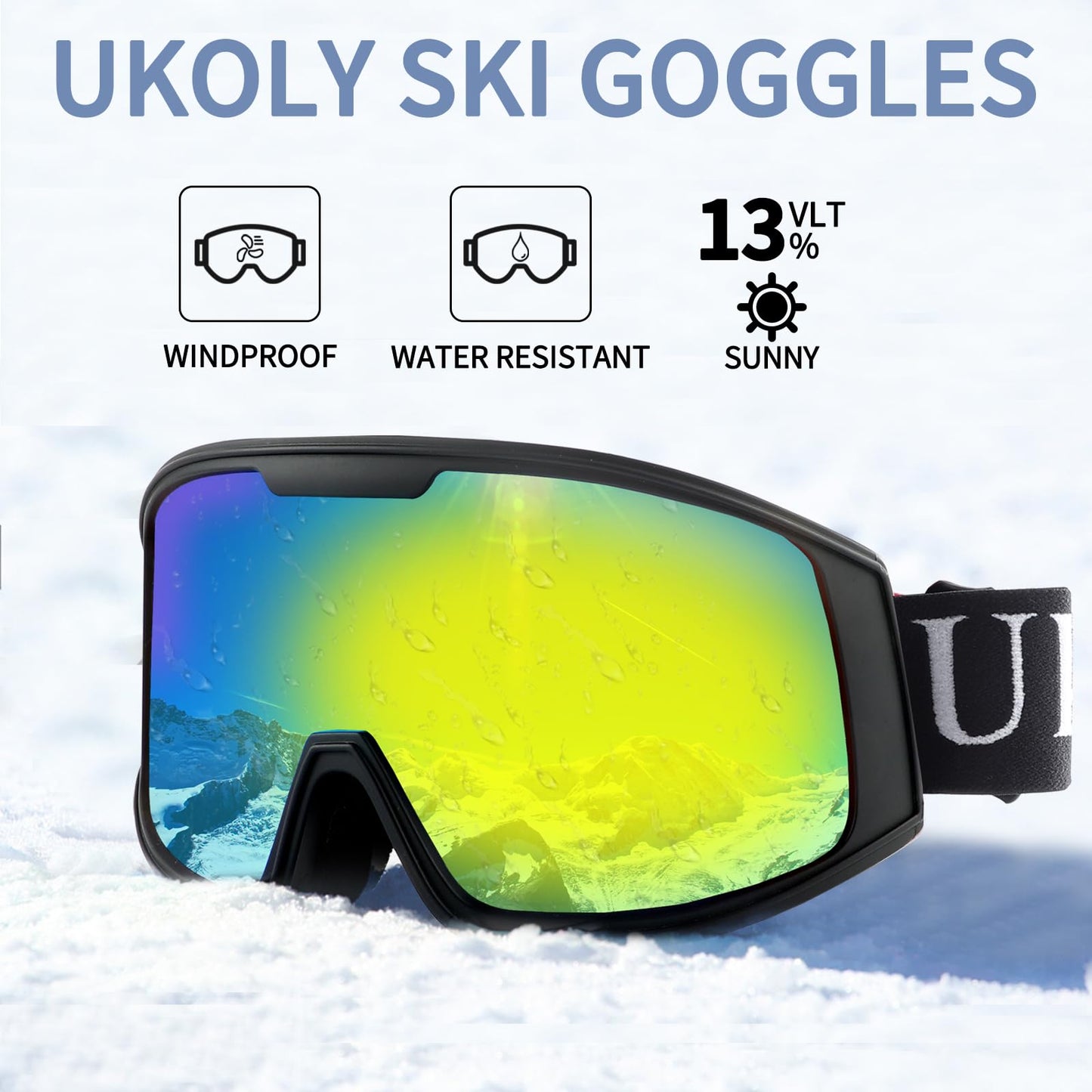 Ukoly Ski/Snowboard Goggles for Men Women, Snow Goggles HD Lens Anti-Fog Coating OTG Design UV400 Protection Windproof (Black Frame Revo Color Red HD Lens)