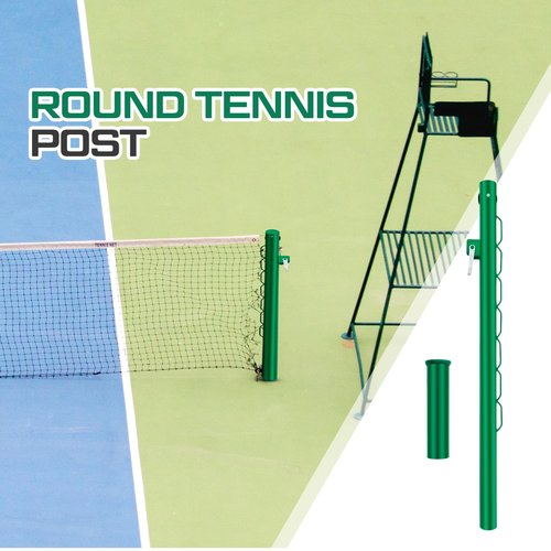 Otoolling Round Tennis Posts with Net Crank Outdoor Heavy Duty Professional Green Tennis Permanent Court Kit for Net Quick Fixation System Equipped with a Cable Reel