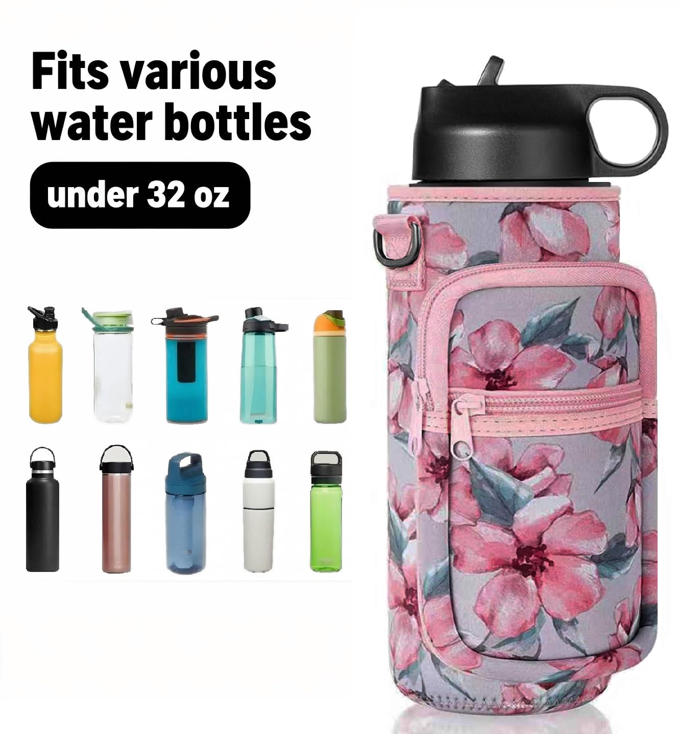 Water Bottle Holder with Strap, 32/40 oz Insulated Water Bottle Sling Bag Crossbody, Water Bottle Carrier Bag with Phone Pocket and Small Pocket for Walking Hiking Camping Fishing(3.34"W * 7.87"H)