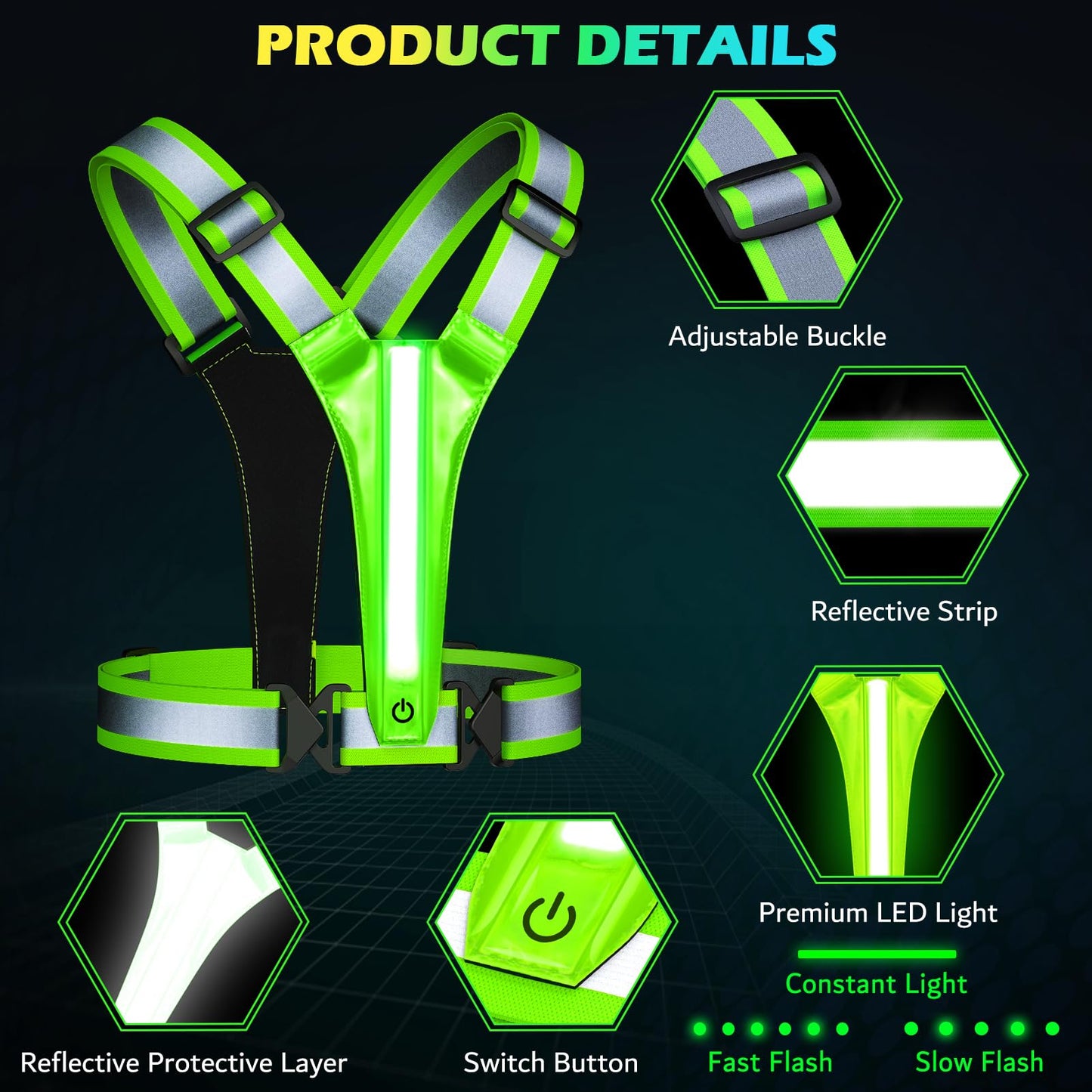 Led Light Up Running Vest Reflective Vest for runners night walking, Rechargeable LED Reflective Running Vest High Visibility with Adjustable Waist/Shoulde, Reflective Armband for Women Men (Green)