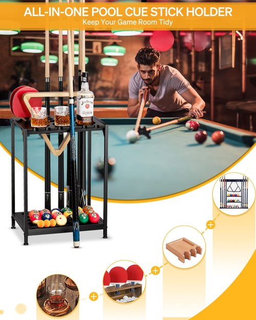 EXTCCT Billiards Pool Stick Holder - Pool Cue Rack Floor Stand & Ping Pong Paddle Holder Hardwood Pool Cue Holder for 12 Cues Sticks Pool Table Accessories Organizer (Black)