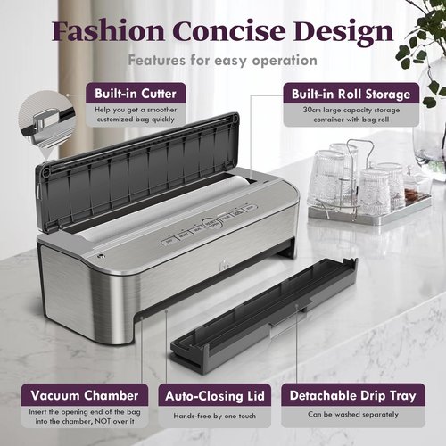 Mesliese Vacuum Sealer Machine, 85kPa 120W Automatic Food Sealer, Powerful Sealing System, Build-in Cutter | Bags Storage | Moist Mode and Air Suction Hose (Silver)
