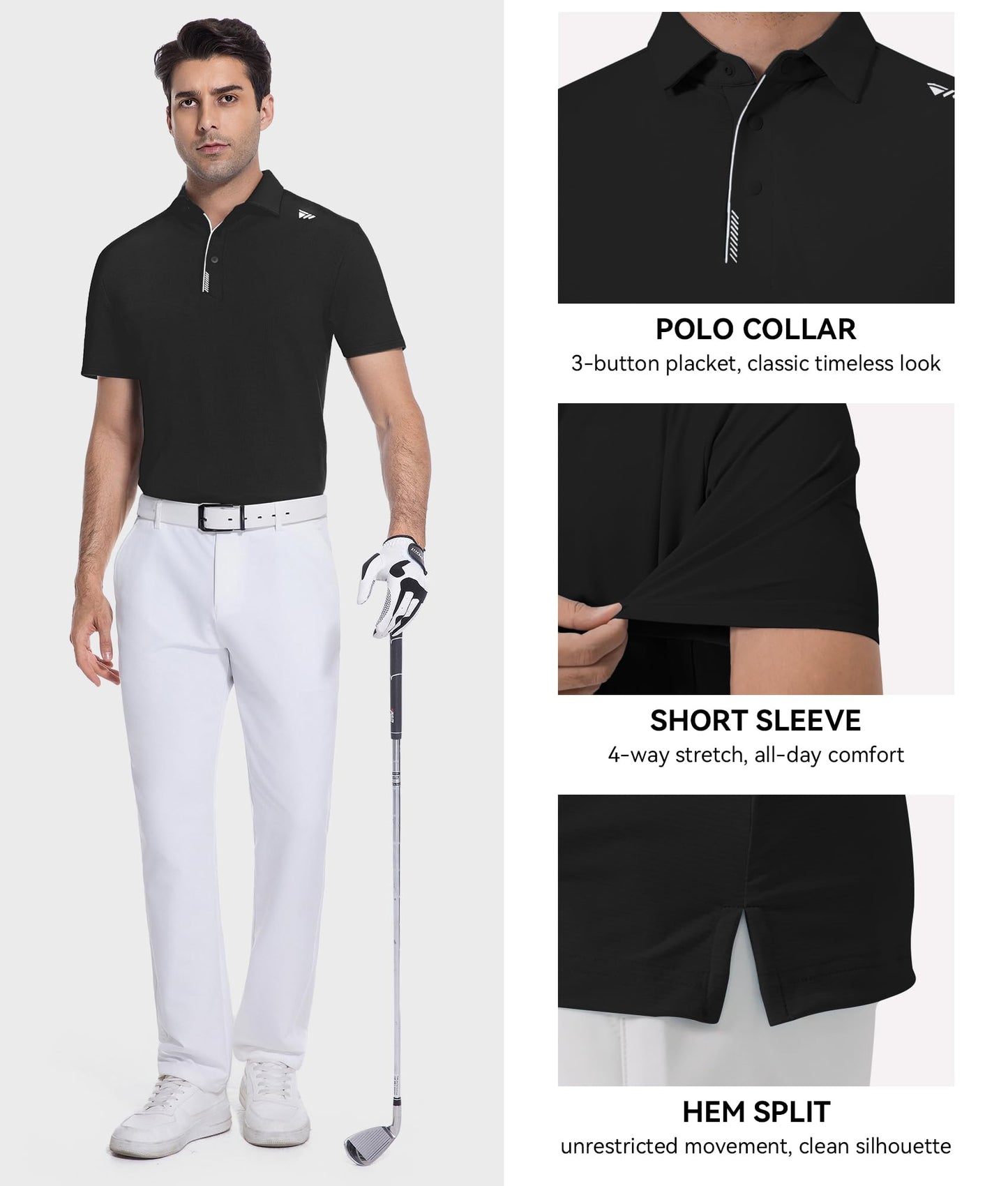 WARHORSEE Golf Shirts for Men Short Sleeve Breeze Dry Fit Performance Moisture Wicking Golf Polo Shirt for Men,Black,L