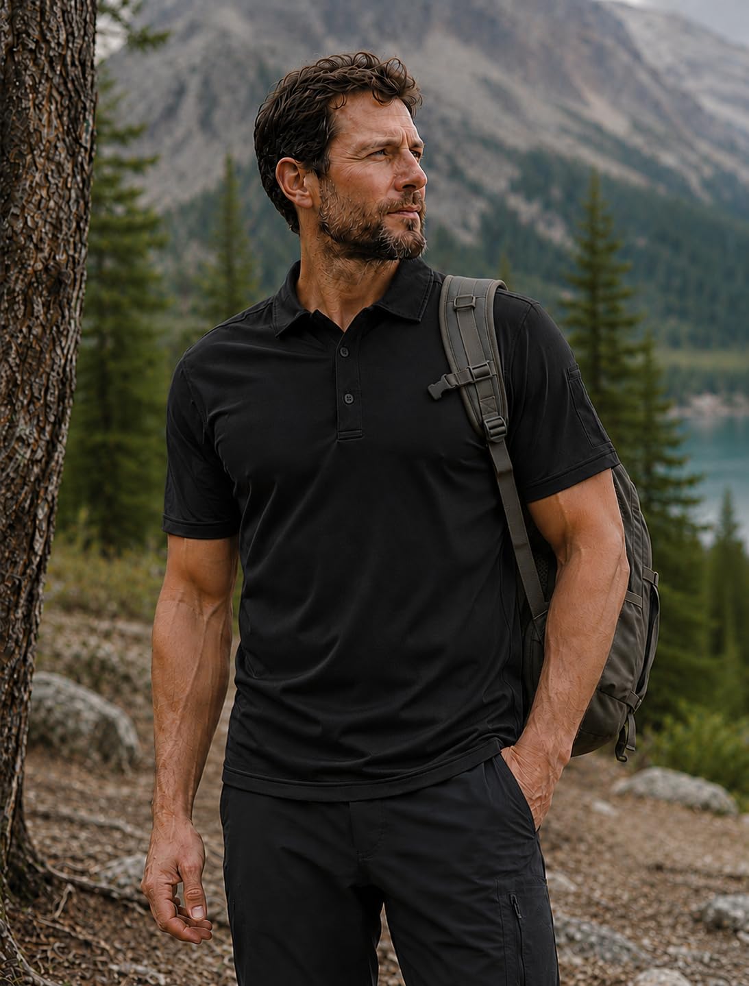 TACVASEN Polo Shirts for Men Dry Fit Short Sleeve Performance Collared Shirt Light UPF 50+ Tactical Work Golf Polos Black, L