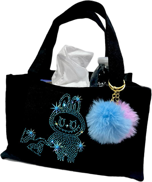 Ice Skating Accessories Rink Tote Bag, Rhinestones Design, Black Canvas, Dual Pom Pom Charm (color may vary)