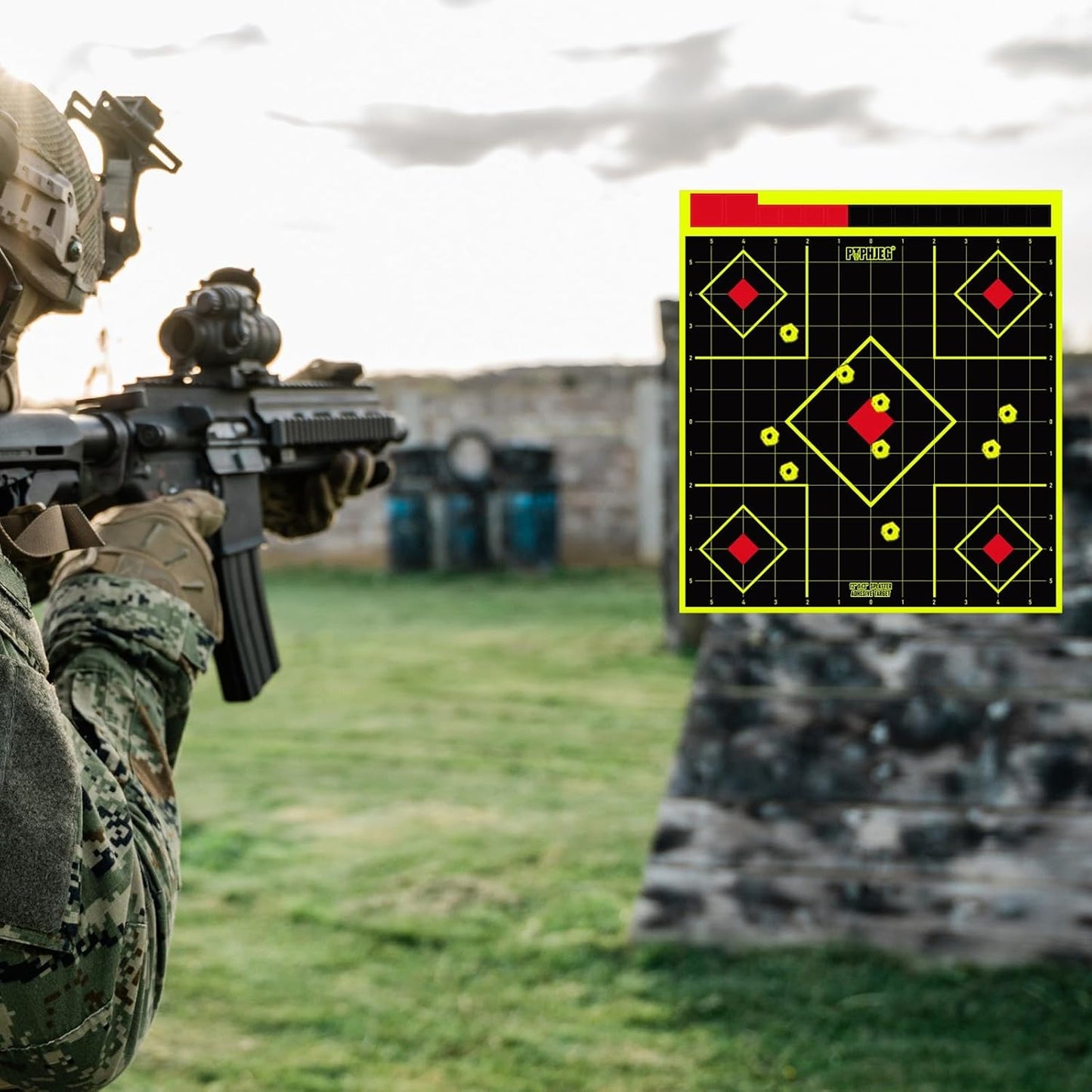 12x13 Inch Splatter Adhesive Fluorescent Yellow Shooting Target Stickers - Compatible with Handguns, Rifles, BB Guns, Airsoft, Pellet Guns (10/25/50 Pack)
