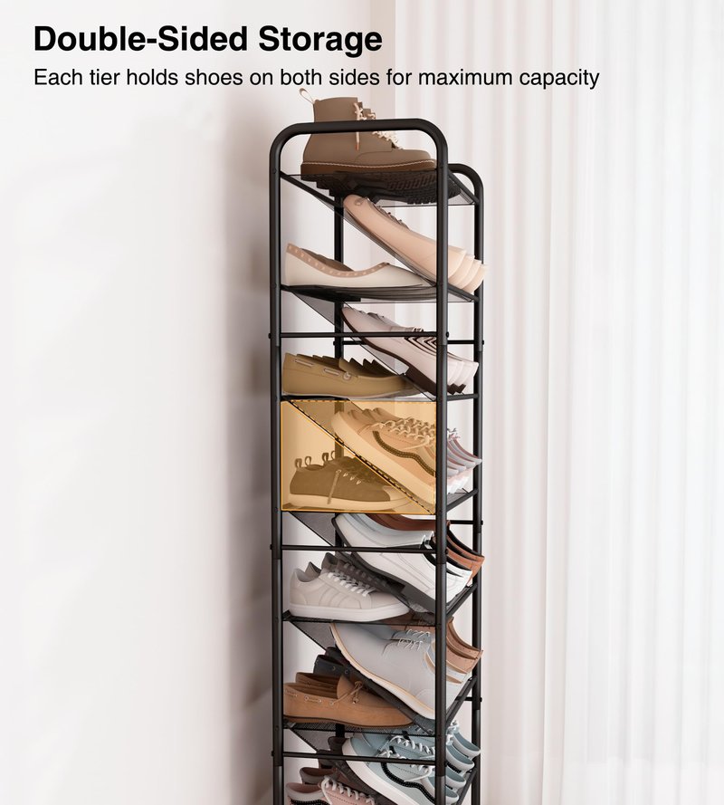 STO STO 8-Tier Narrow Shoe Rack with Lockable Wheels, Double-Sided Vinyl Mesh Shelf Shoe Organizer for Up to 30 Pairs, Slim Space Saving Metal Rolling Shoe Storage for Entryway, Closet, Hallway