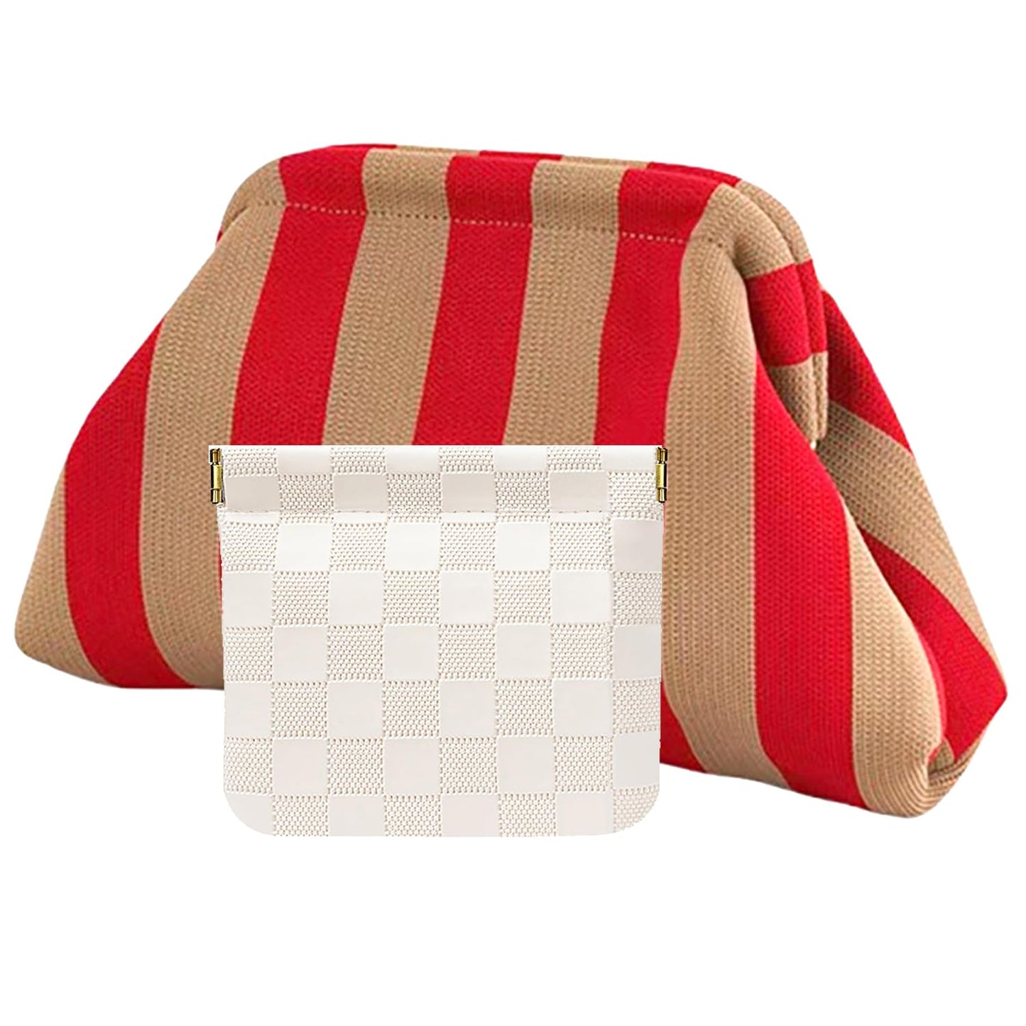 Vpoofree Woven Clutch Purses for Woman,Summer Beach Purse for Vacation, Woven Striped Dumpling Bag,Crochet Evening Handbag (Red-brown Stripe Woven Clutch Purses)