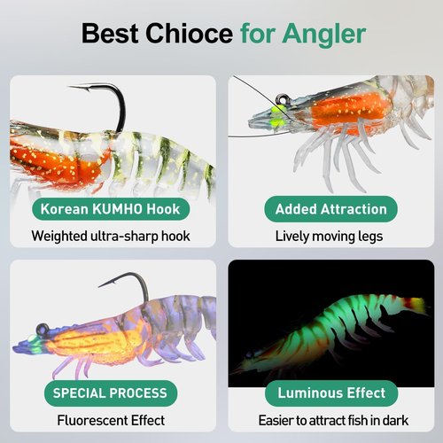 TRUSCEND Pre-Rigged Fishing Jigs, 1:50 Super Durable TPE Bass Fishing Lures, Well-Made Lifelike Soft Shrimp Swimbait, Weedless MarshSwamp Fishing Lure for Trout Crappie Walleye, Keep Separately!