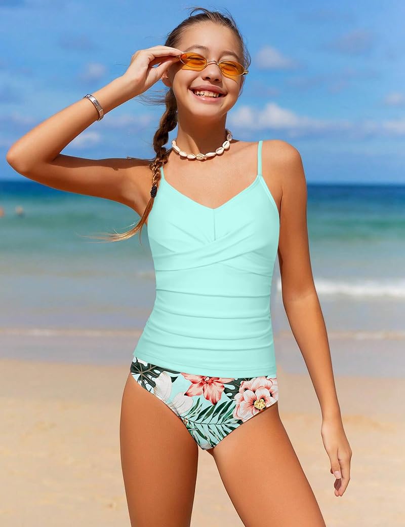 Aulyffo Girls 2-Piece Criss Cross Ruched Tankini Set - A-light Blue, 13-14 Years
