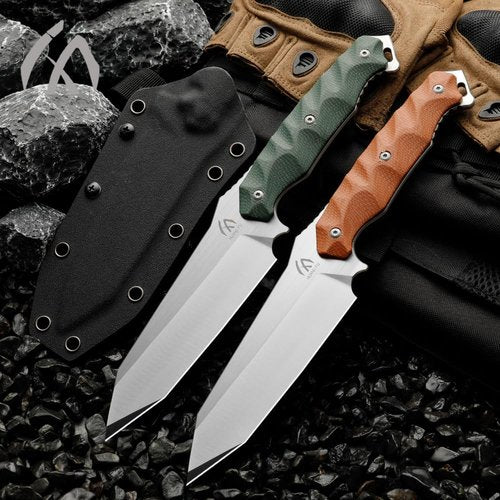 HUANG FU Tactical Fixed Blade Hunting Knife Set with Kydex Sheath, Brown and Green G10 Handles, Stainless Steel (Green handle)